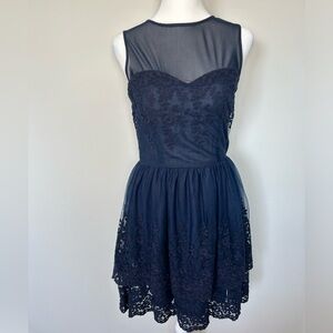 Annabella (Francesca's) navy blue sleeveless dainty lace sheer dress -Size Small